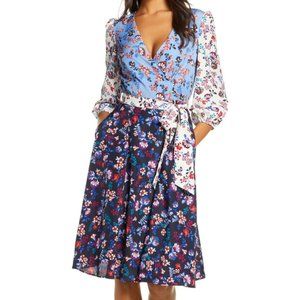 1901 Colorblock Floral Faux Wrap Midi Dress